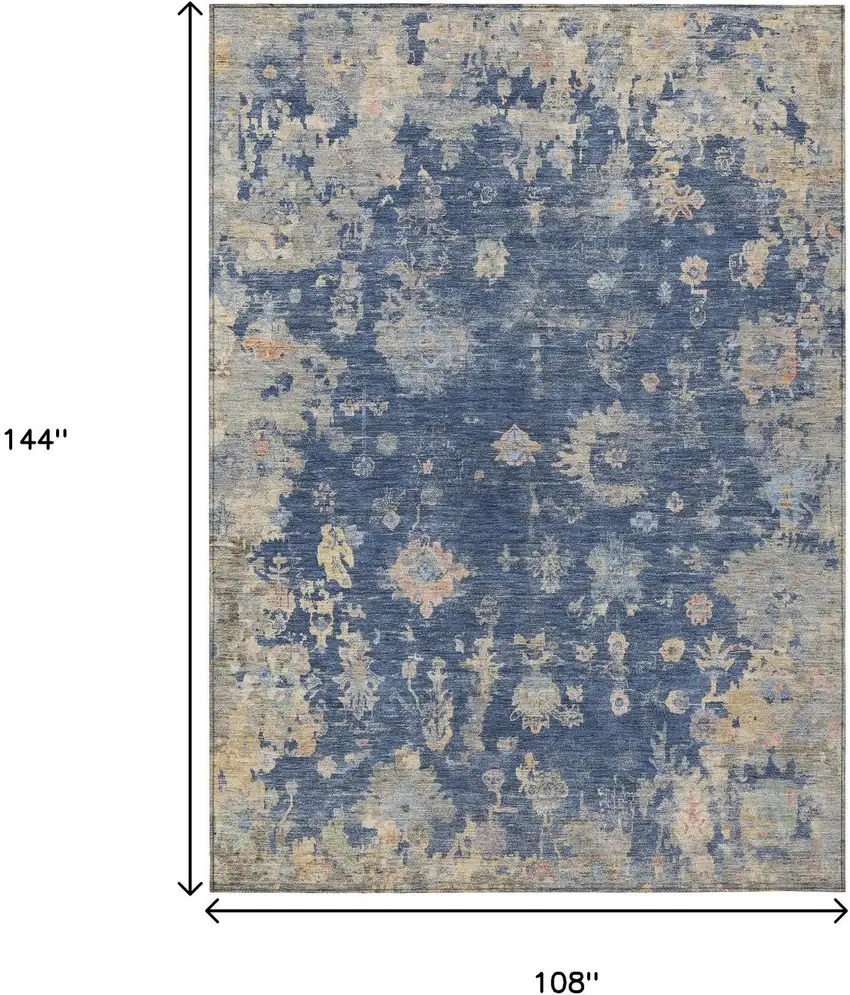 Navy Blue Gray And Beige Floral Washable Indoor Outdoor Area Rug Photo 3
