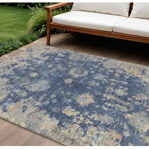 Photo of Navy Blue Gray And Beige Floral Washable Indoor Outdoor Area Rug