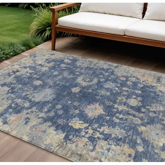 Navy Blue Gray And Beige Floral Washable Indoor Outdoor Area Rug Photo 1