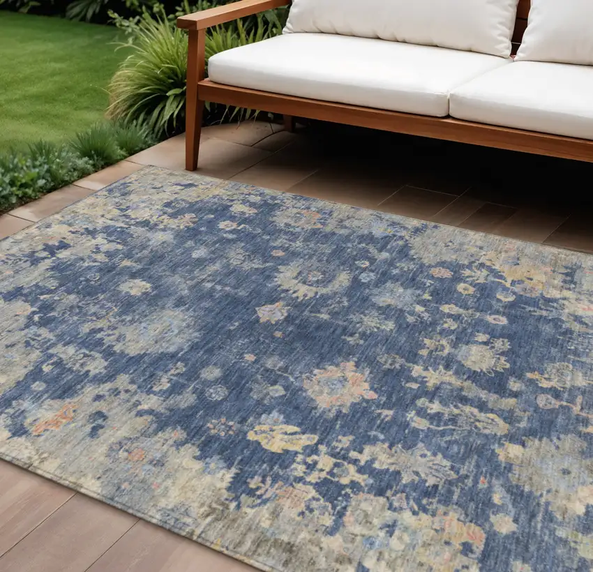 Navy Blue Gray And Beige Floral Washable Indoor Outdoor Area Rug Photo 1