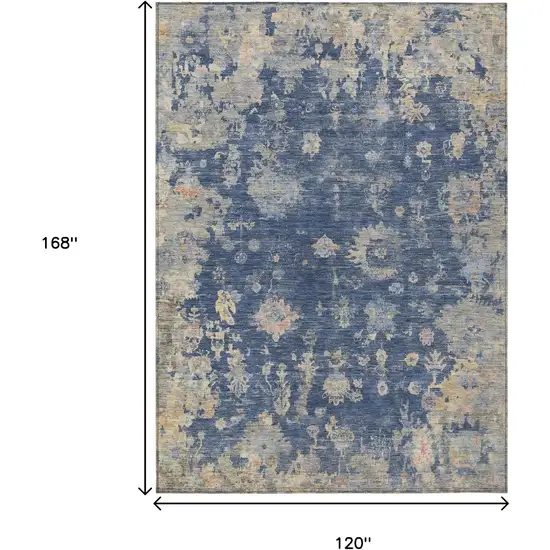 Navy Blue Gray And Beige Floral Washable Indoor Outdoor Area Rug Photo 3