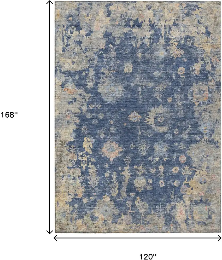 Navy Blue Gray And Beige Floral Washable Indoor Outdoor Area Rug Photo 3