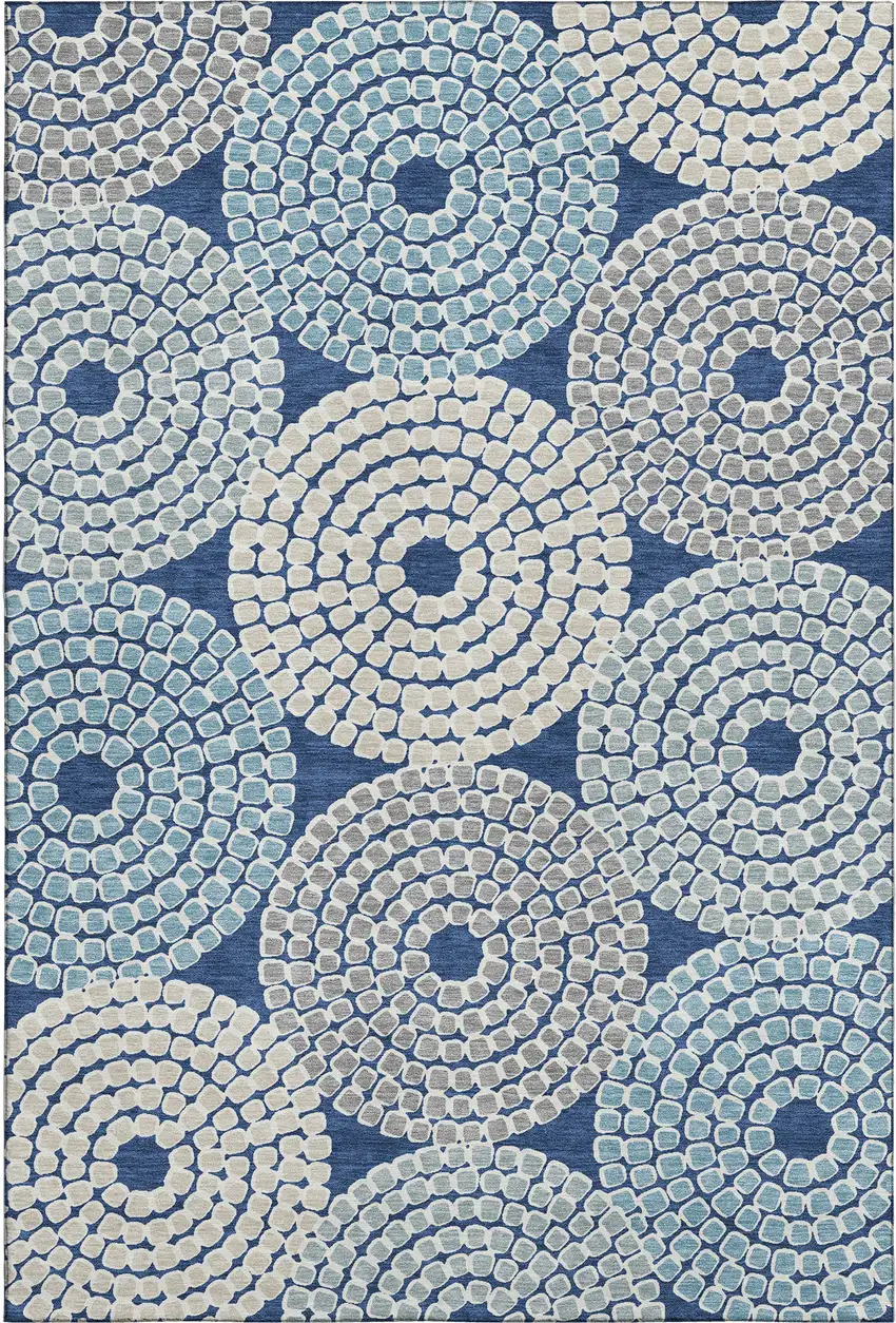 Navy Blue Gray And Beige Geometric Washable Area Rug With UV Protection Photo 1