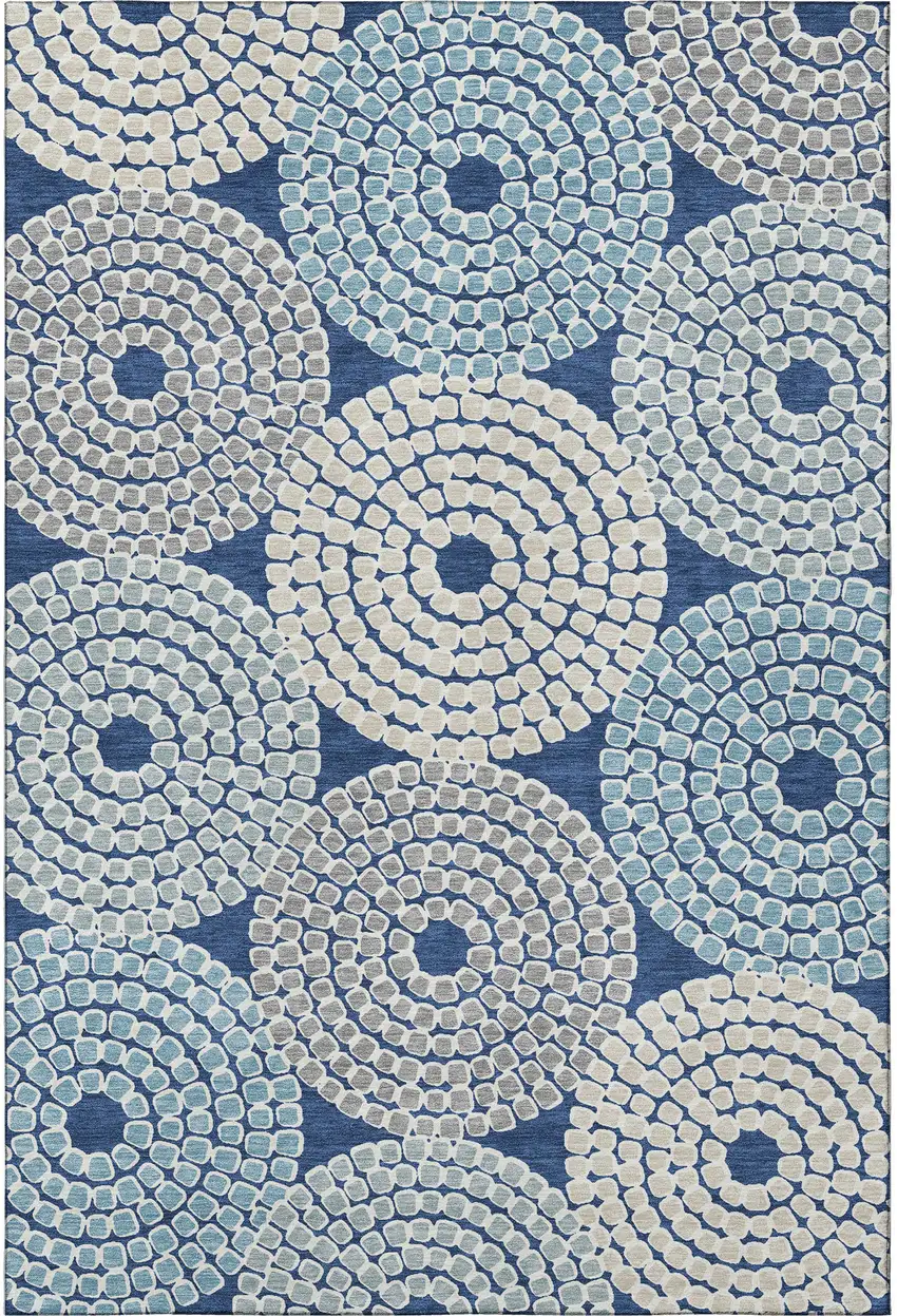 Navy Blue Gray And Beige Geometric Washable Area Rug With UV Protection Photo 3