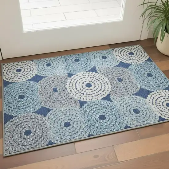 Navy Blue Gray And Beige Geometric Washable Area Rug With UV Protection Photo 2