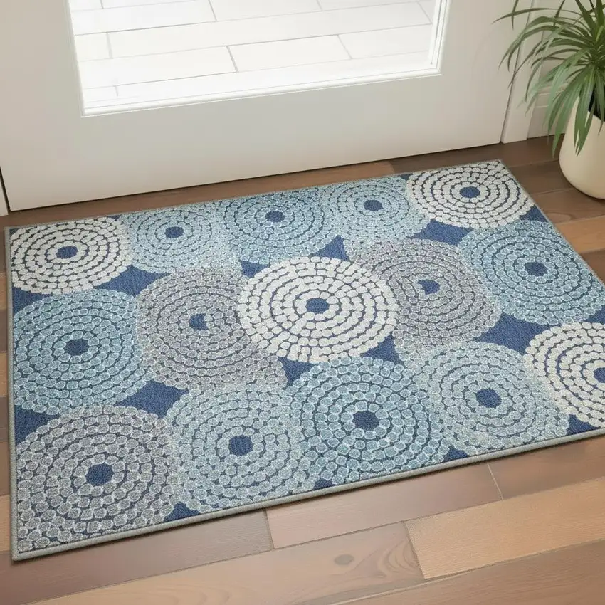 Navy Blue Gray And Beige Geometric Washable Area Rug With UV Protection Photo 2