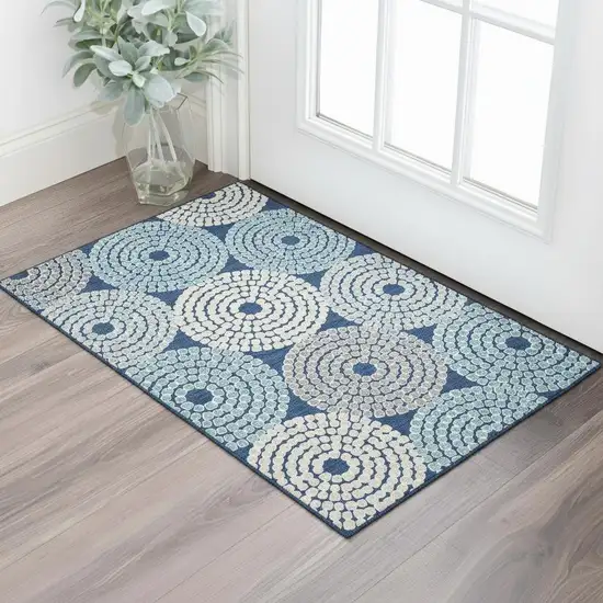 Navy Blue Gray And Beige Geometric Washable Area Rug With UV Protection Photo 1