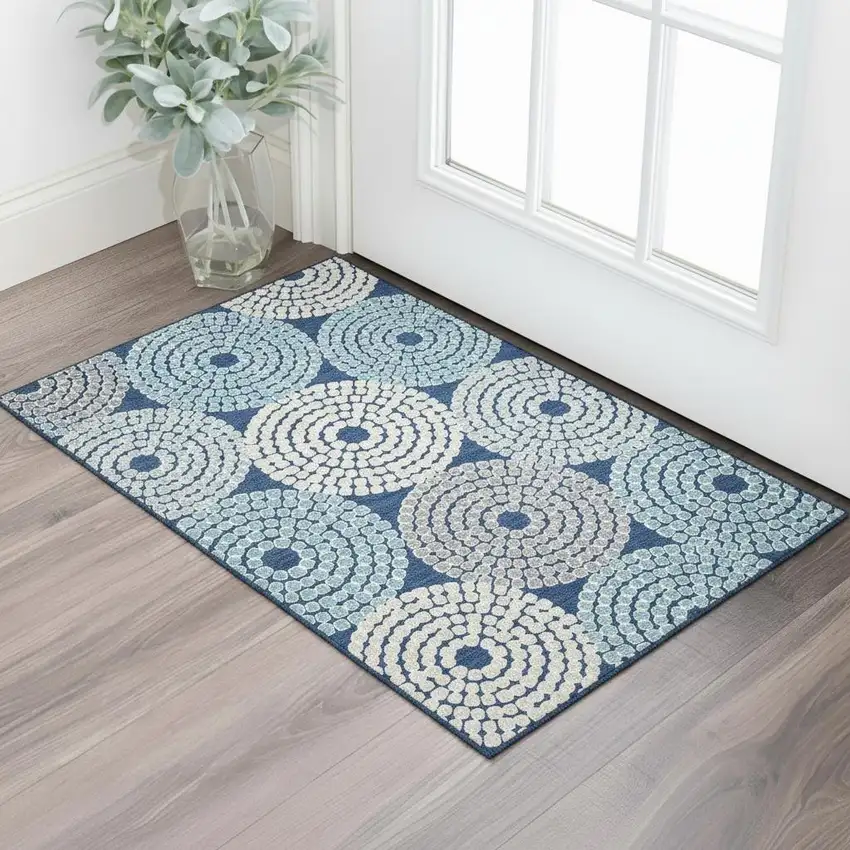 Navy Blue Gray And Beige Geometric Washable Area Rug With UV Protection Photo 1