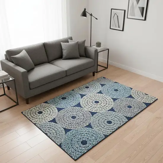 Navy Blue Gray And Beige Geometric Washable Area Rug With UV Protection Photo 2