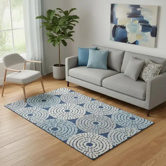 Navy Blue Gray And Beige Geometric Washable Area Rug With UV Protection Photo 1