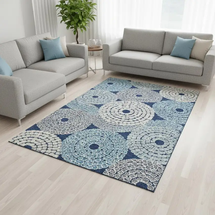 Navy Blue Gray And Beige Geometric Washable Area Rug With UV Protection Photo 2