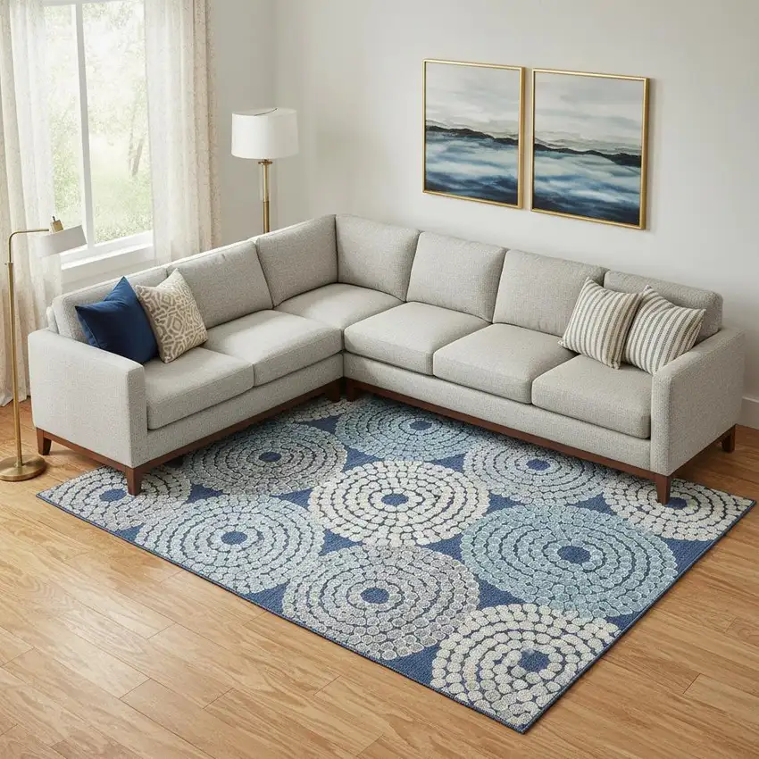 Navy Blue Gray And Beige Geometric Washable Area Rug With UV Protection Photo 1