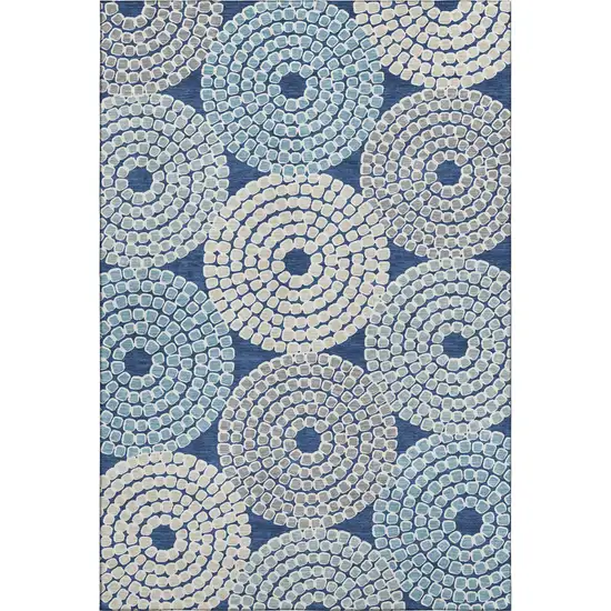 Navy Blue Gray And Beige Geometric Washable Area Rug With UV Protection Photo 1
