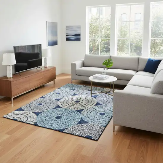 Navy Blue Gray And Beige Geometric Washable Area Rug With UV Protection Photo 2