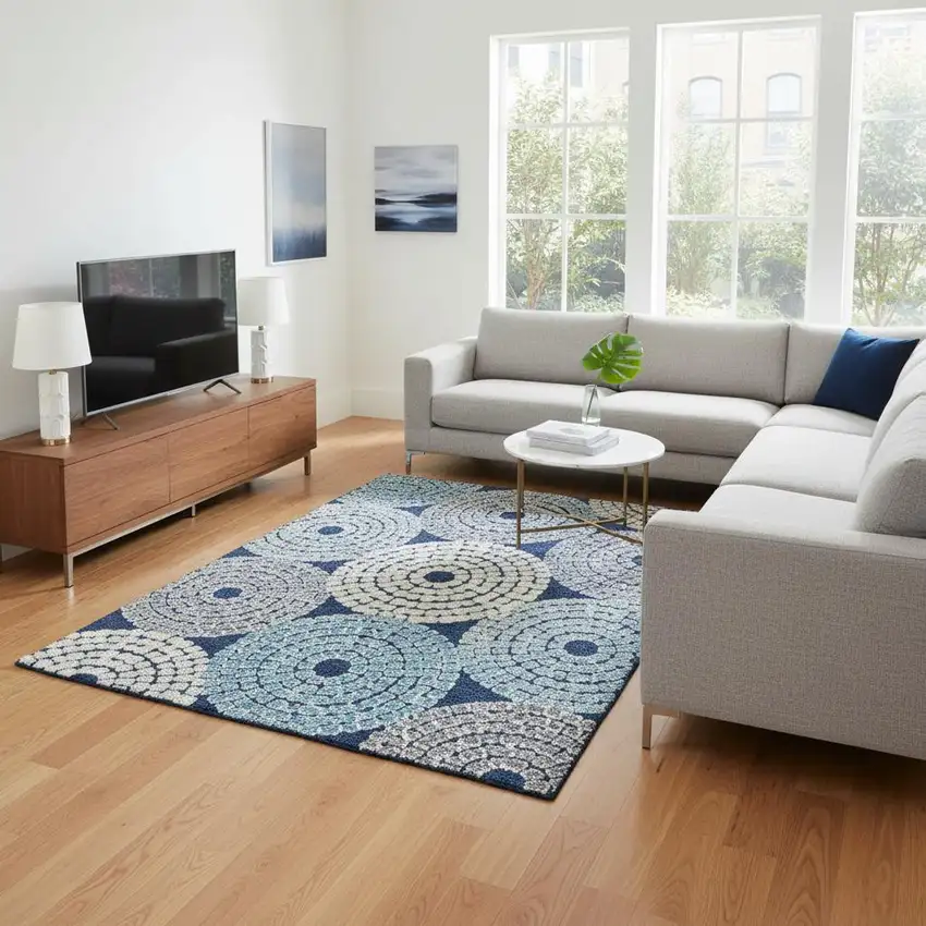 Navy Blue Gray And Beige Geometric Washable Area Rug With UV Protection Photo 2