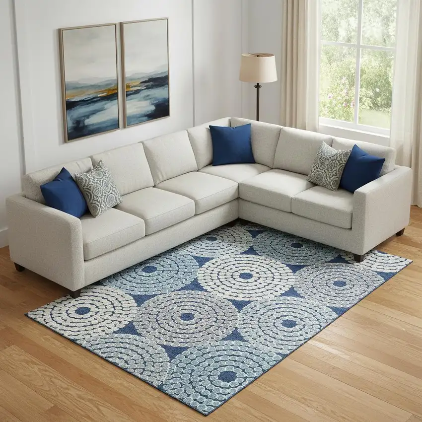 Navy Blue Gray And Beige Geometric Washable Area Rug With UV Protection Photo 1