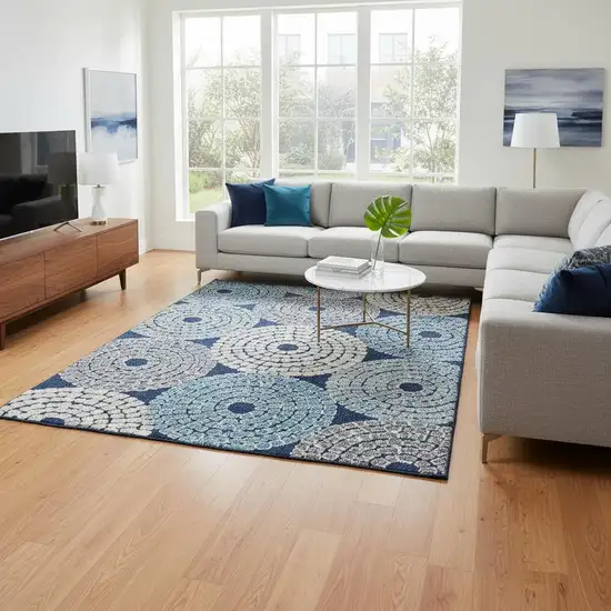 Navy Blue Gray And Beige Geometric Washable Area Rug With UV Protection Photo 2