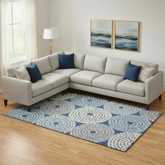 Navy Blue Gray And Beige Geometric Washable Area Rug With UV Protection Photo 1