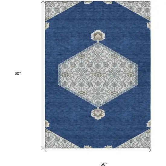 Navy Blue Gray And Beige Oriental Washable Indoor Outdoor Area Rug Photo 3