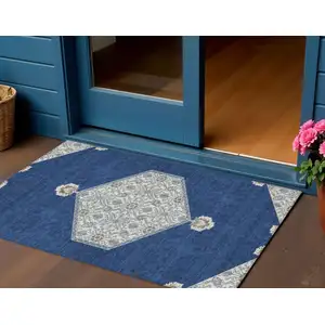 Photo of Navy Blue Gray And Beige Oriental Washable Indoor Outdoor Area Rug