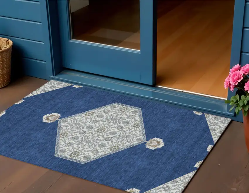 Navy Blue Gray And Beige Oriental Washable Indoor Outdoor Area Rug Photo 1