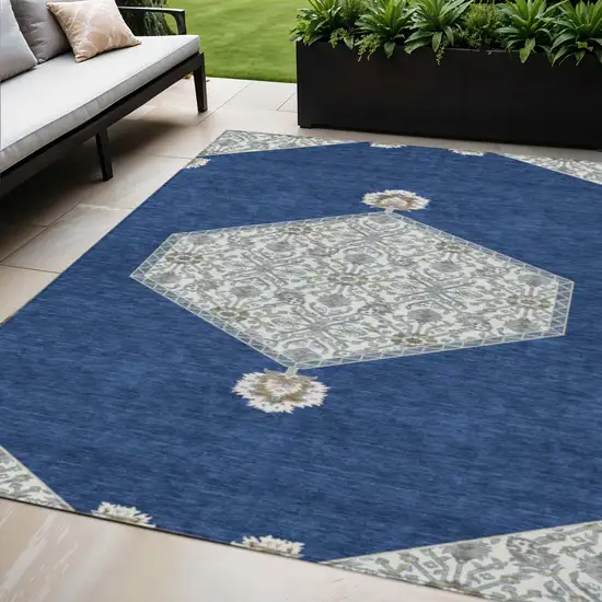 Navy Blue Gray And Beige Oriental Washable Indoor Outdoor Area Rug Photo 1