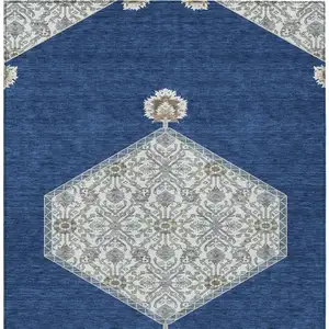 Photo of Navy Blue Gray And Beige Oriental Washable Indoor Outdoor Area Rug