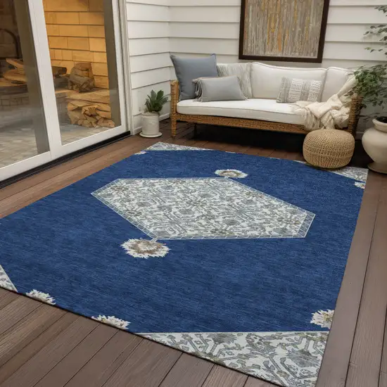 Navy Blue Gray And Beige Oriental Washable Indoor Outdoor Area Rug Photo 8