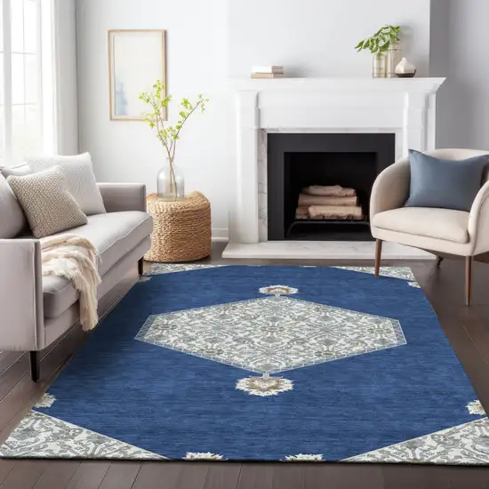 Navy Blue Gray And Beige Oriental Washable Indoor Outdoor Area Rug Photo 9