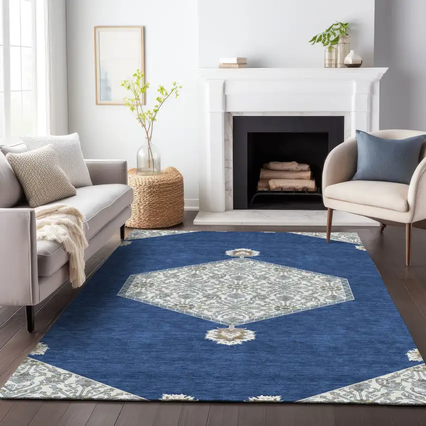 Navy Blue Gray And Beige Oriental Washable Indoor Outdoor Area Rug Photo 9