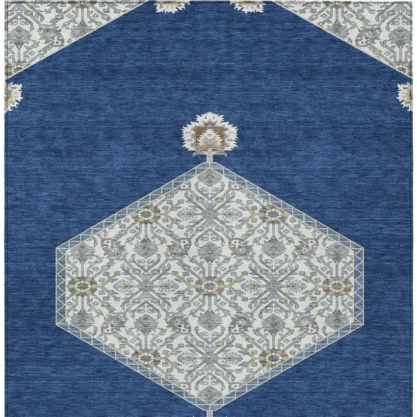 Navy Blue Gray And Beige Oriental Washable Indoor Outdoor Area Rug Photo 6