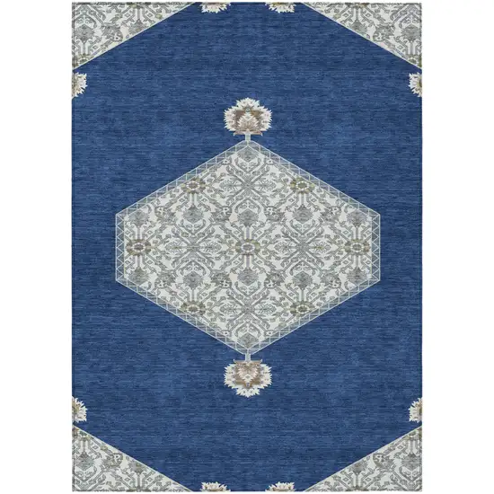 Navy Blue Gray And Beige Oriental Washable Indoor Outdoor Area Rug Photo 2