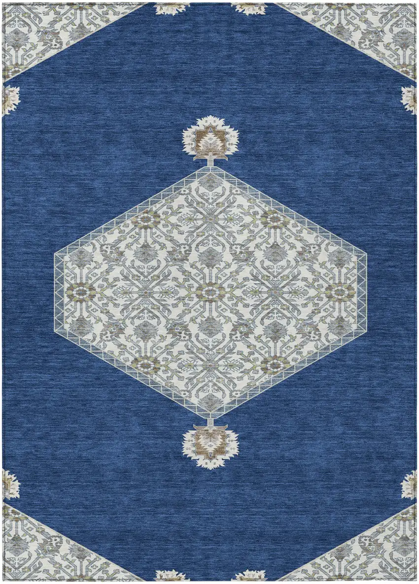 Navy Blue Gray And Beige Oriental Washable Indoor Outdoor Area Rug Photo 2