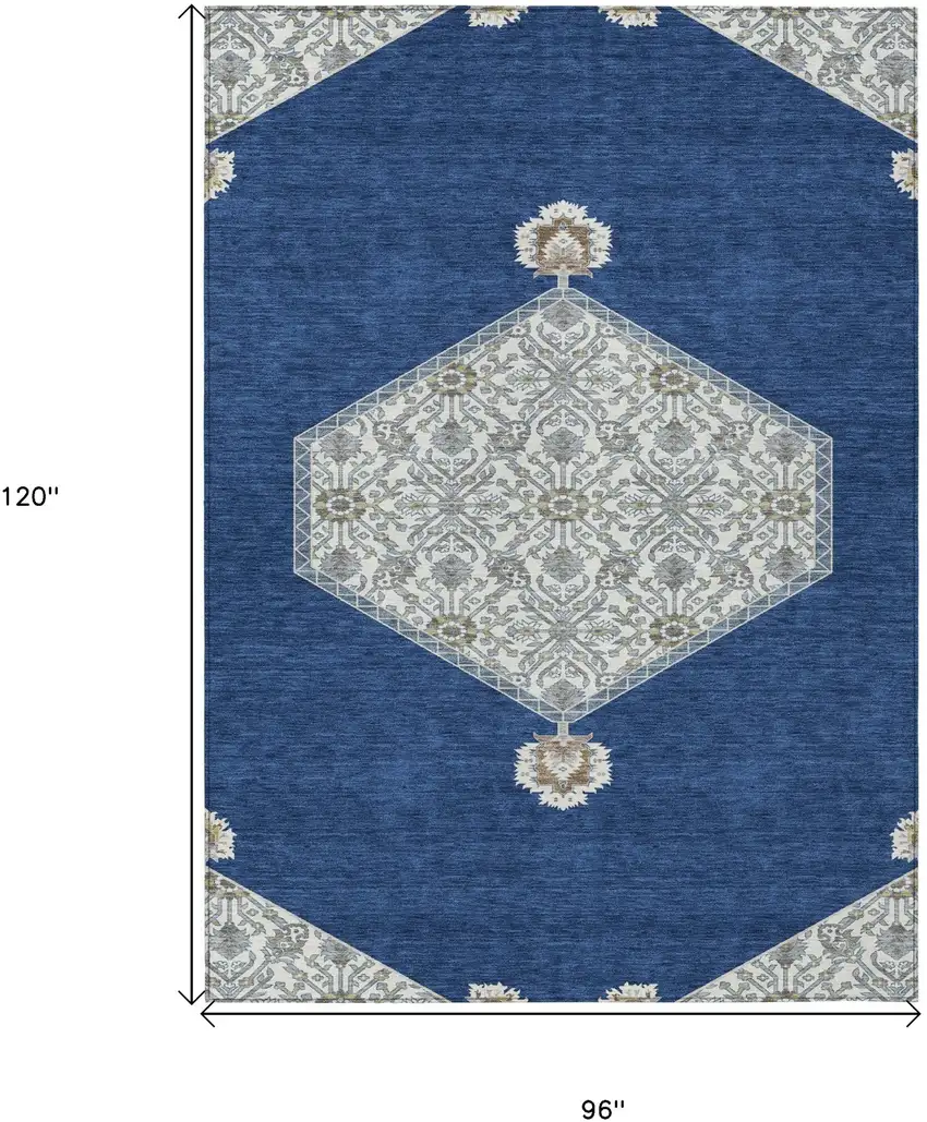 Navy Blue Gray And Beige Oriental Washable Indoor Outdoor Area Rug Photo 3