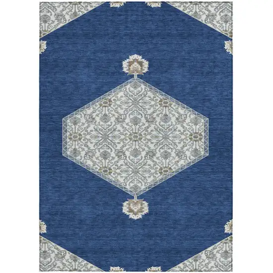 Navy Blue Gray And Beige Oriental Washable Indoor Outdoor Area Rug Photo 7