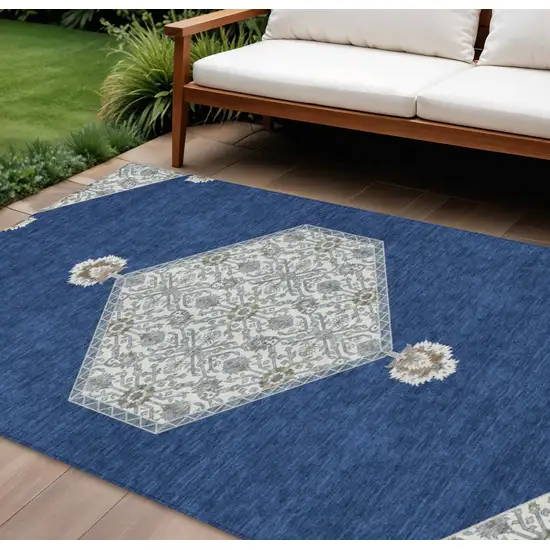 Navy Blue Gray And Beige Oriental Washable Indoor Outdoor Area Rug Photo 1