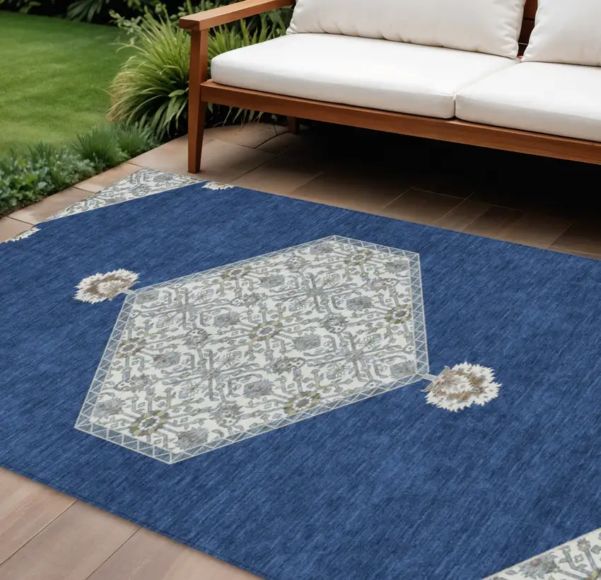 Navy Blue Gray And Beige Oriental Washable Indoor Outdoor Area Rug Photo 1