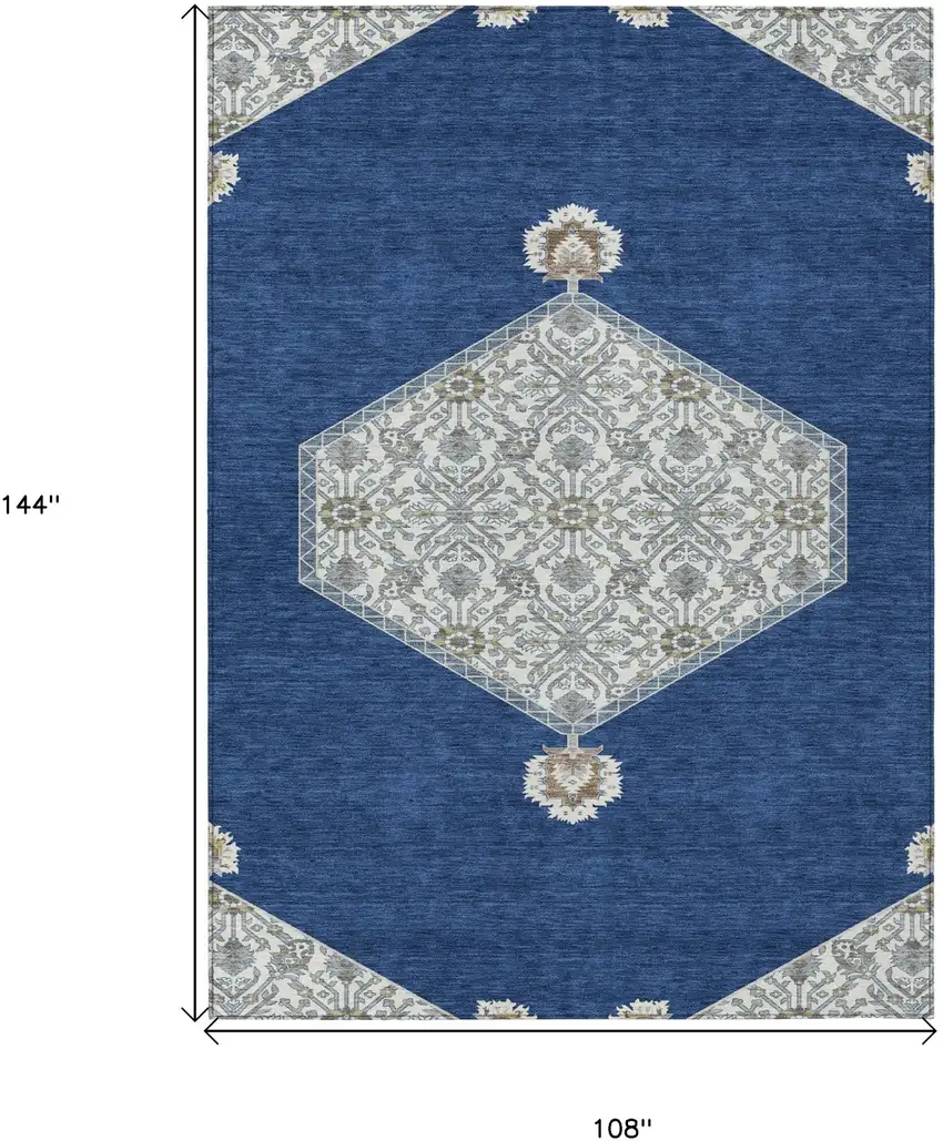 Navy Blue Gray And Beige Oriental Washable Indoor Outdoor Area Rug Photo 3