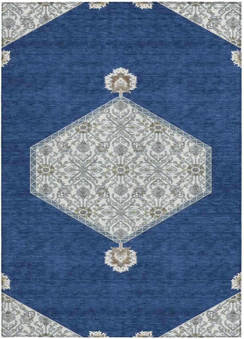 Navy Blue Gray And Beige Oriental Washable Indoor Outdoor Area Rug Photo 7