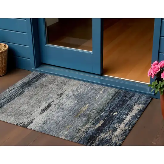 Navy Blue Gray And Black Abstract Washable Indoor Outdoor Area Rug Photo 1