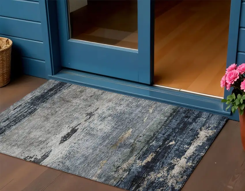 Navy Blue Gray And Black Abstract Washable Indoor Outdoor Area Rug Photo 1