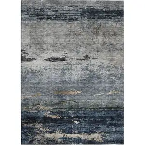 Photo of Navy Blue Gray And Black Abstract Washable Indoor Outdoor Area Rug