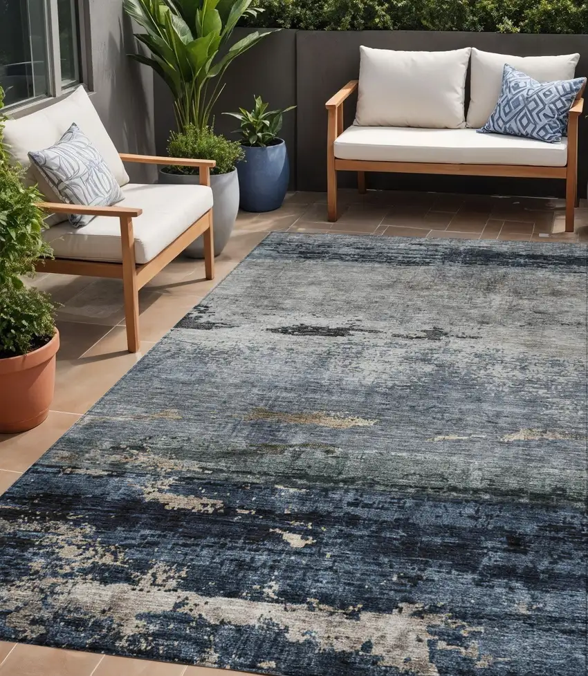 Navy Blue Gray And Black Abstract Washable Indoor Outdoor Area Rug Photo 1
