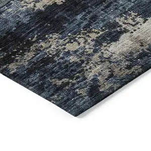 Photo of Navy Blue Gray And Black Abstract Washable Indoor Outdoor Area Rug