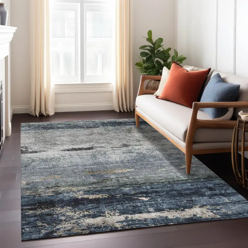 Navy Blue Gray And Black Abstract Washable Indoor Outdoor Area Rug Photo 9