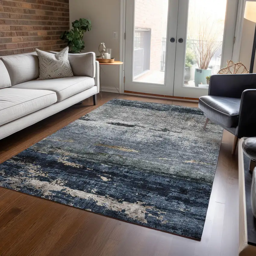 Navy Blue Gray And Black Abstract Washable Indoor Outdoor Area Rug Photo 9