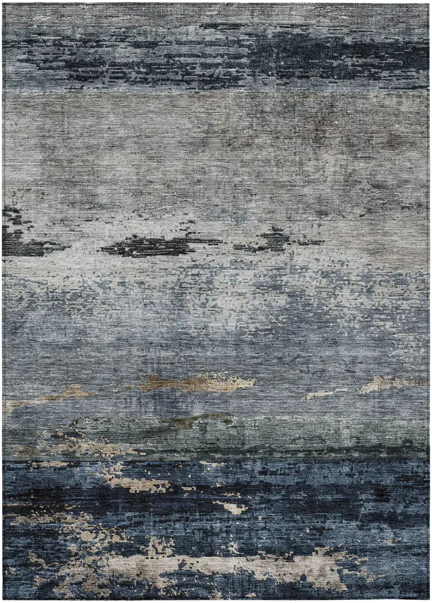 Navy Blue Gray And Black Abstract Washable Indoor Outdoor Area Rug Photo 2