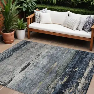 Photo of Navy Blue Gray And Black Abstract Washable Indoor Outdoor Area Rug