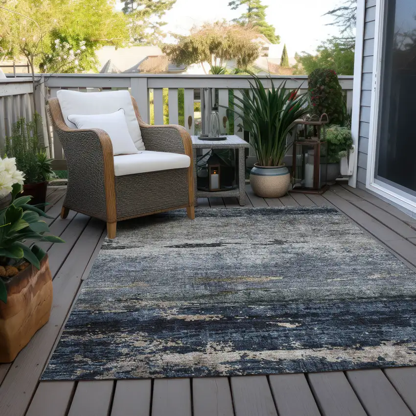 Navy Blue Gray And Black Abstract Washable Indoor Outdoor Area Rug Photo 8