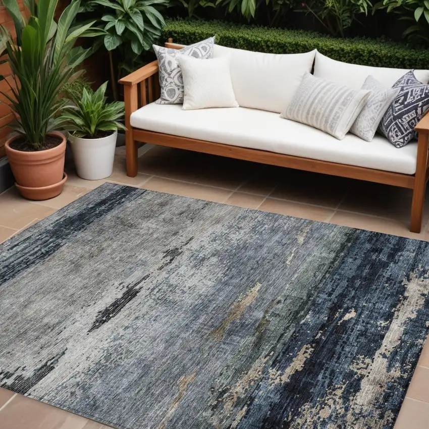Navy Blue Gray And Black Abstract Washable Indoor Outdoor Area Rug Photo 1